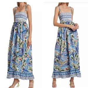 FARM Rio Off-White Macaw Flight Smocked Maxi Dress SZ L NWOT
